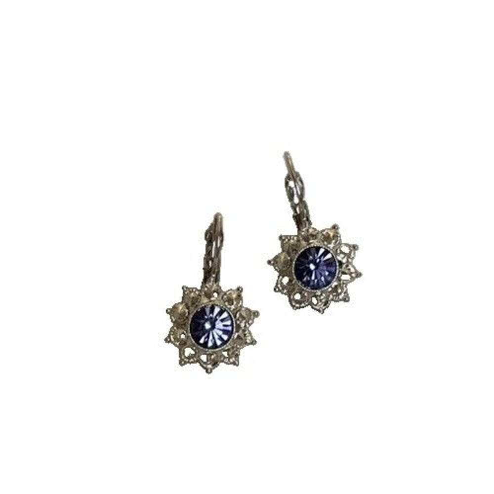 Joan Rivers Purple Crystal Flower Leverback Earrings Silver Tone Signed
